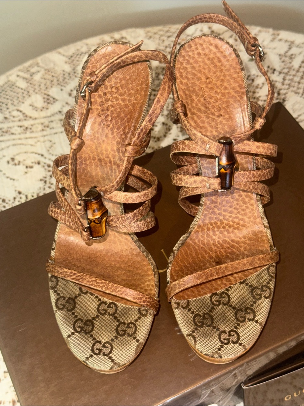 Gucci Brown Leather & GG Canvas Wedge Sandals with Bamboo Accent - Picture 2 of 11
